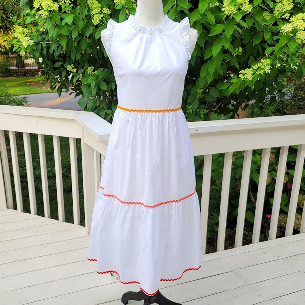 New! J Crew size 2 White Tiered Midi Ruffle Dress Rickrack Trim NWT